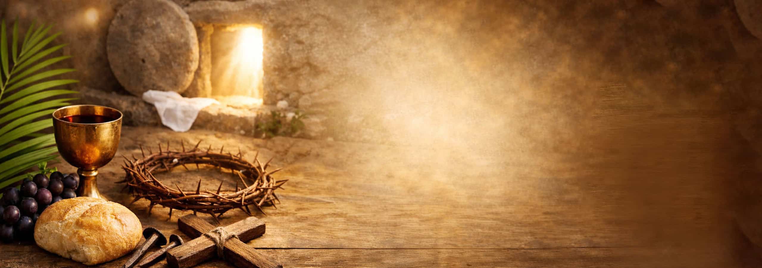 Semana Santa. Composición del pan y el vino, la corona de espinas, la palma de ramos y el sepulcro abierto.