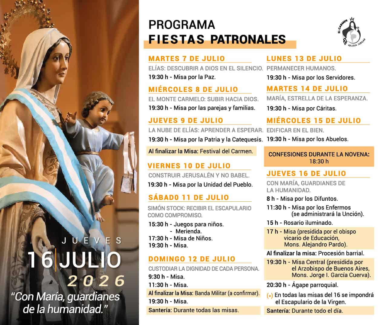Programa de todas las actividades de la Novena y Fiestas Patronales Nuestra Señora del Carmen 2026